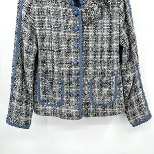 ANNE CARSON jacket blazer silk nubby boucle broach pockets office blue petite PL